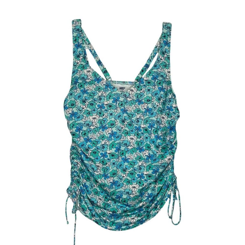 Lands’ End Underwire Tankini Ruched Sides SwimTop Green Blue Floral Women’s 10